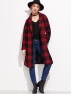 Shein Red Single Breasted Plaid Long Coat