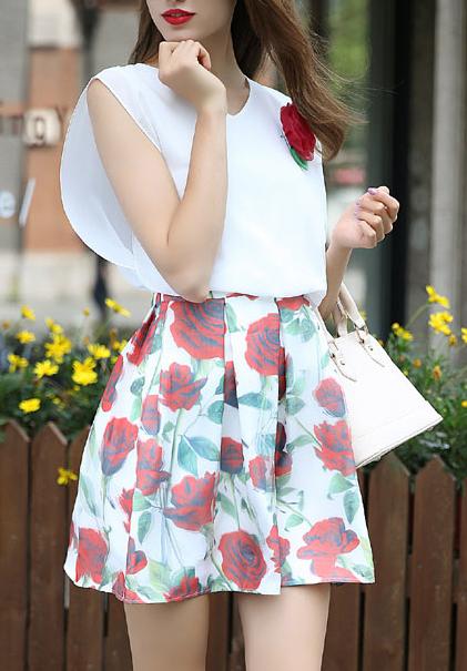 Shein V Neck Rose Print Flare White Dress