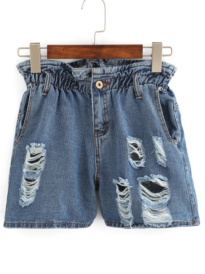 Shein Frayed Ruffle Waist Denim Shorts