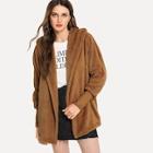 Shein Open Front Solid Hooded Teddy Coat