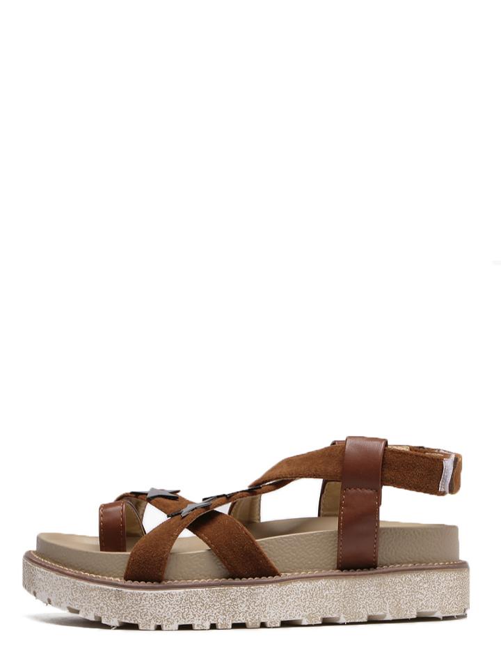 Shein Brown Ring Toe Star Crisscross Velcro Flatform Sandals