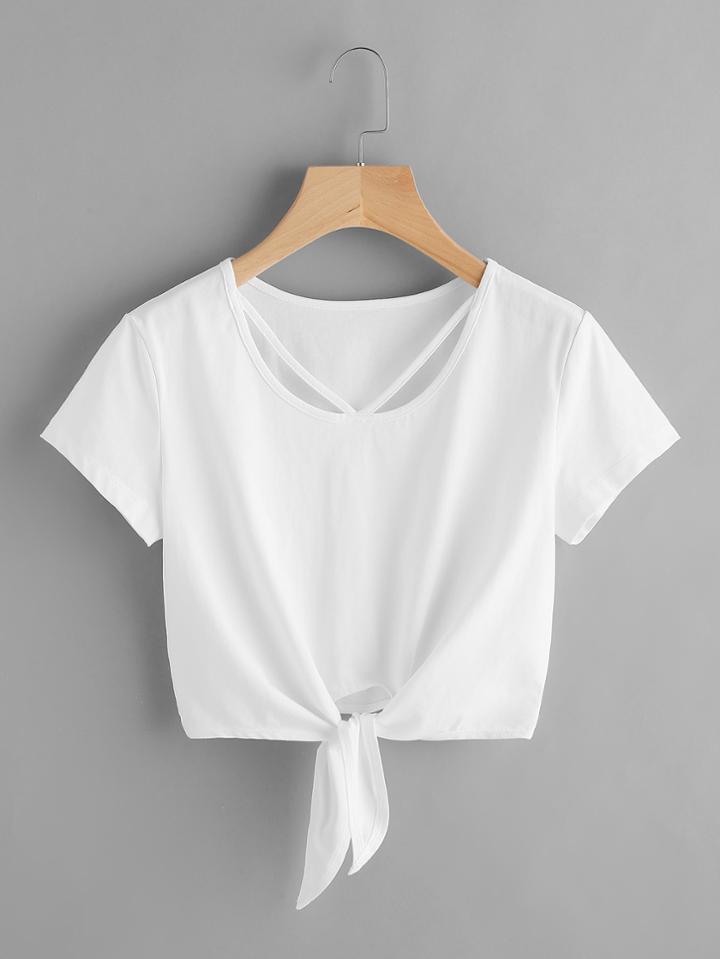 Shein V Strap Neck Knot Front Crop Tee