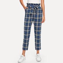 Shein Slant Pocket Self Belted Plaid Pants