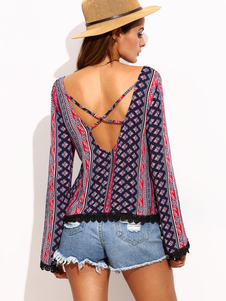 Shein Navy Floral Print Crochet Trim Crisscross Blouse