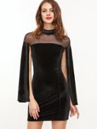 Shein Black Sheer Mesh Shoulder Split Sleeve Velvet Bodycon Dress