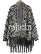 Shein Grey Long Sleeve Geometric Print Tassel Sweater