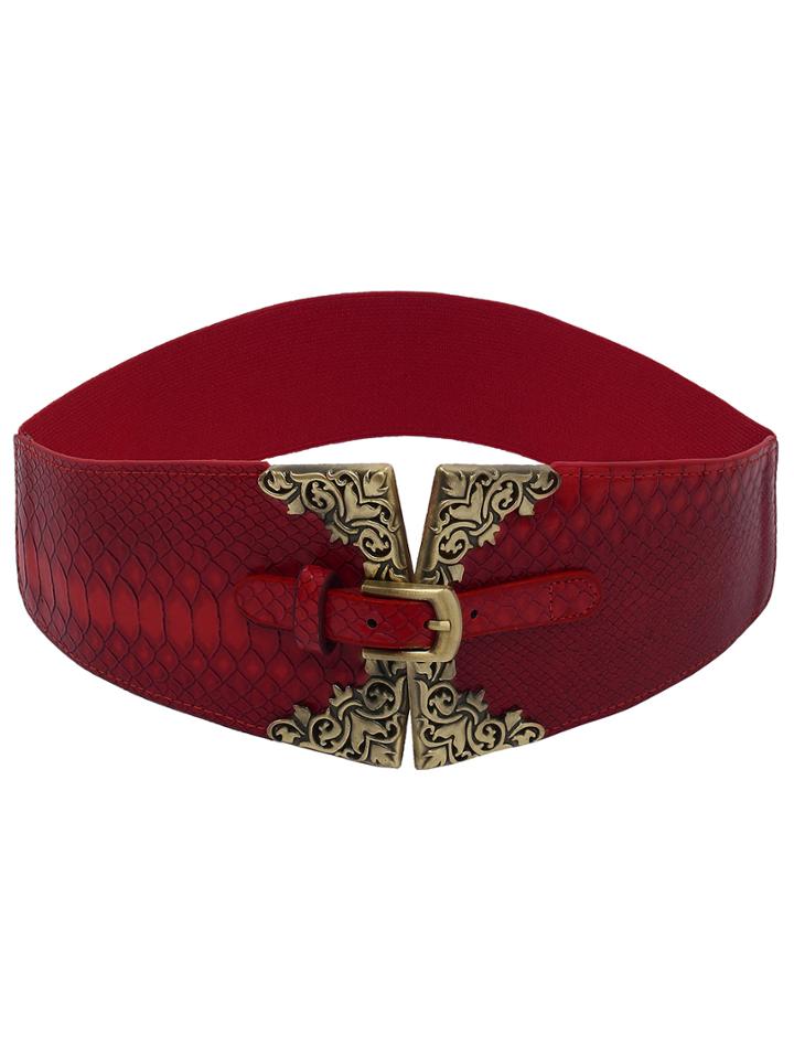 Shein Metallic Featured Red Crocodile Embossed Elastic Belt