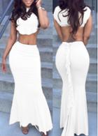 Rosewe Short Sleeve White Crop Top And Maxi Skirt