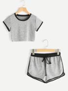 Shein Ringer Crop Tee With Contrast Dolphin Hem Shorts