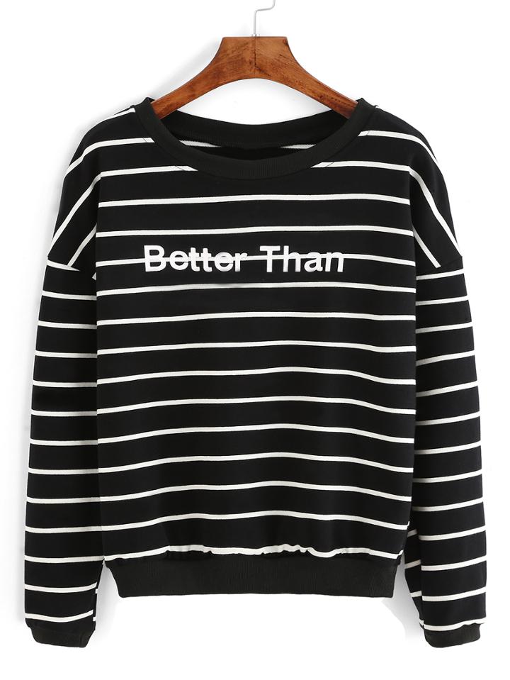 Shein Black Stripe Letter Printed Sweatshirt