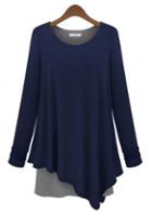 Rosewe Long Sleeve Navy Blue Loose Tees With Patchwork Pattern