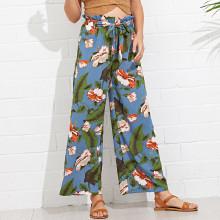 Shein Ruffle Waist Tropical Palazzo Pants With Belt