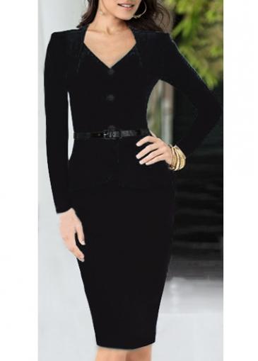 Rosewe Work Essential Long Sleeve V Neck Black Dress