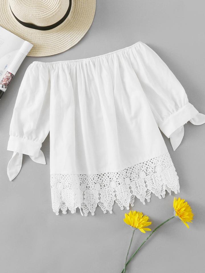 Shein Crochet Hem Tied Cuff Bardot Top
