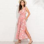 Shein Ruffle Trim Criss Cross Back Florals Split Jumpsuit