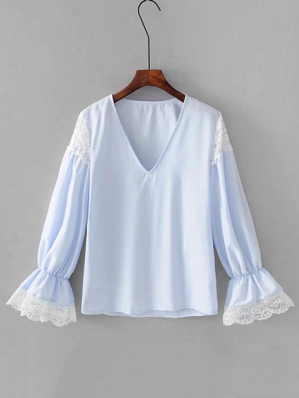 Shein Lace Panel Fluted Sleeve Blouse