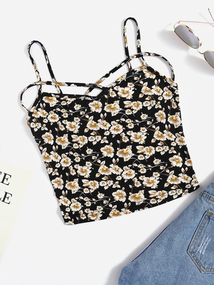 Shein Ditsy Print Crisscross Front Cami Top