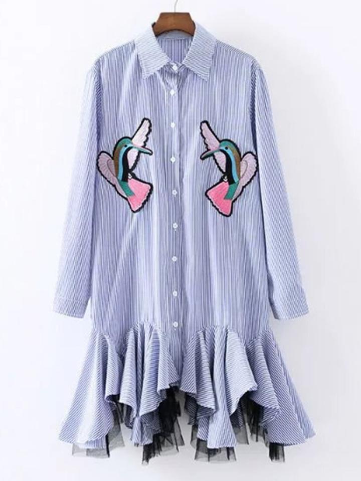 Shein Embroidered Bird Asymmetrical Mesh Hem Striped Dress