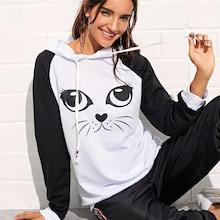 Shein Cat Print Raglan Sleeve Drawstring Hoodie