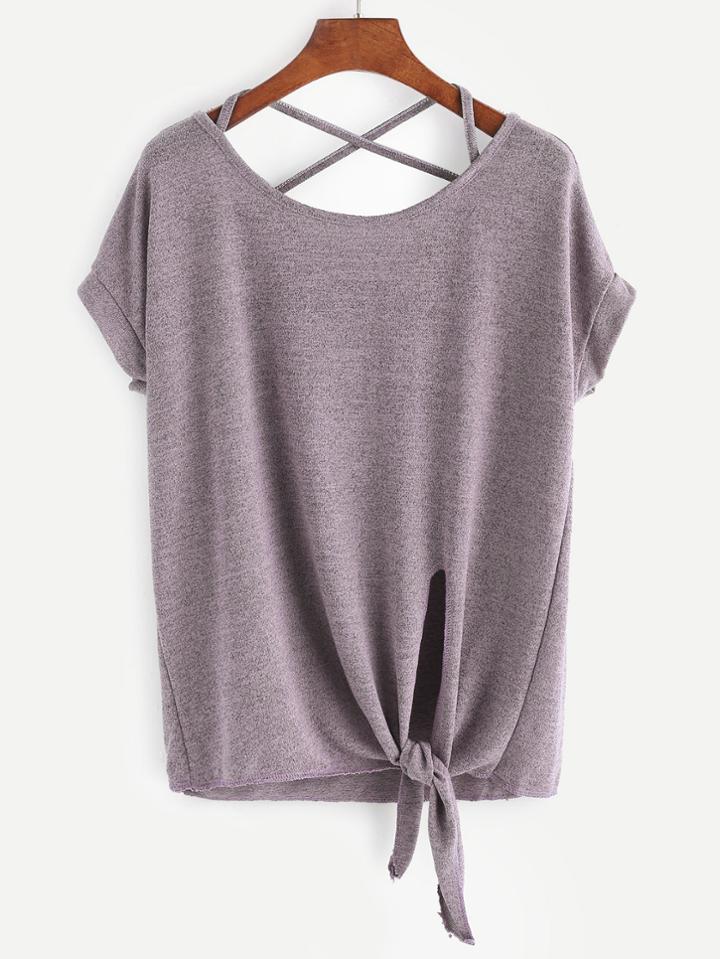 Shein Criss Cross Back Knotted Hem Tee