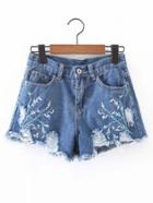 Shein Ripped Detail Embroidery Denim Shorts