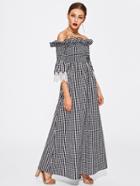 Shein Contrast Lace Cuff Frill Detail Smocked Gingham Dress
