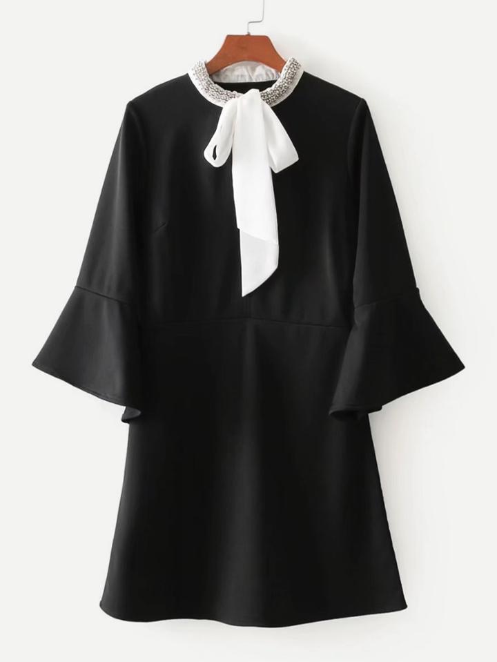 Shein Contrast Tie Neck Beaded Detail Flounce Sleeve Dress