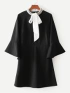 Shein Contrast Tie Neck Beaded Detail Flounce Sleeve Dress