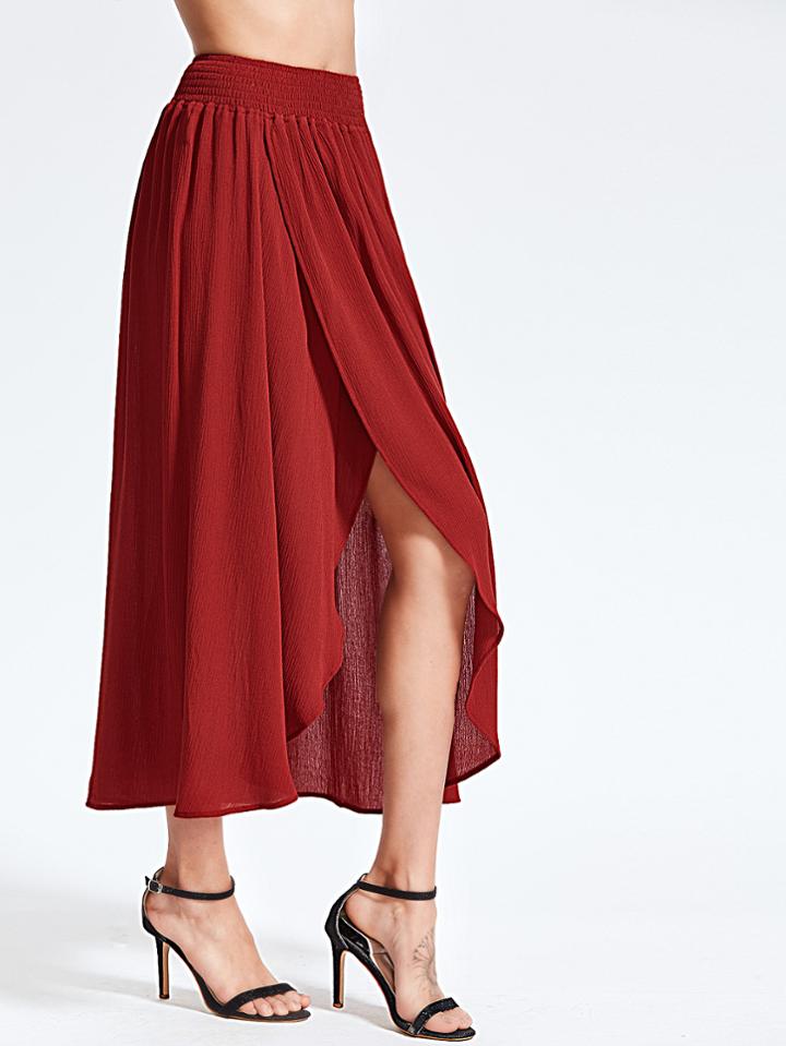 Shein Smocked Waist Crinkle Dip Hem Wrap Skirt