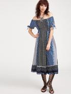 Shein Color Block Vintage Print Bow Sleeve Off The Shoulder Dress