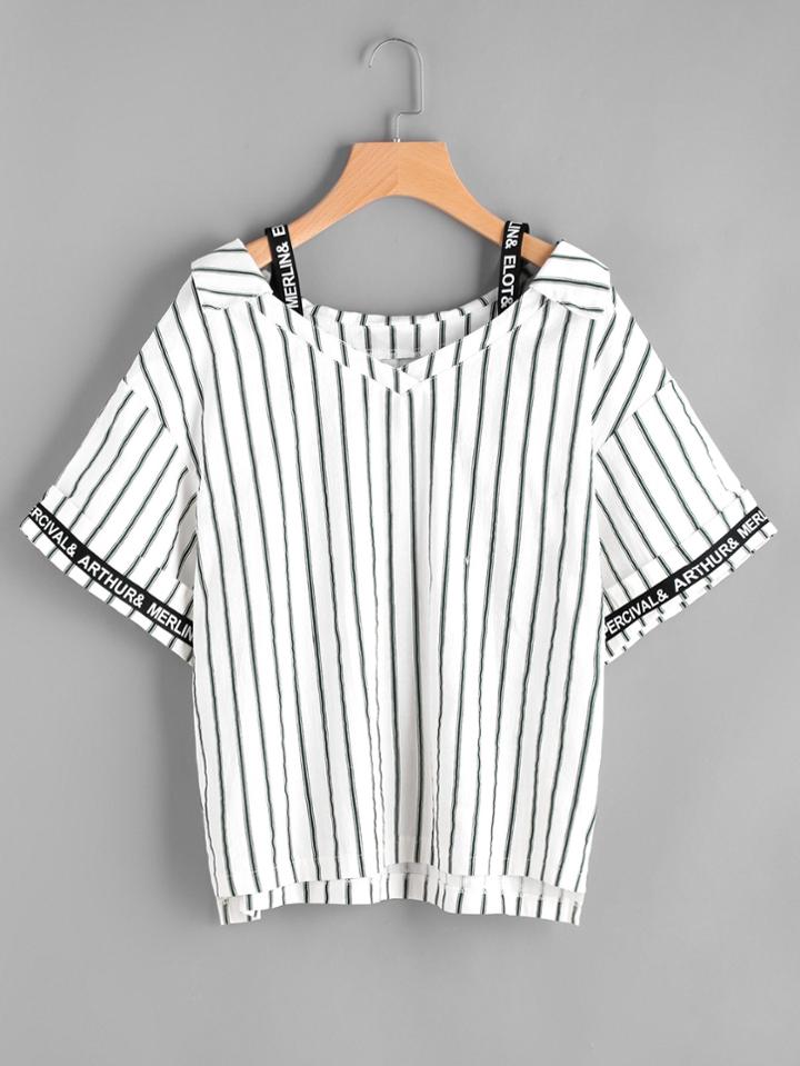 Shein Pinstripe Open Shoulder Letter Tape Detail Top