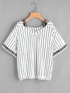Shein Pinstripe Open Shoulder Letter Tape Detail Top
