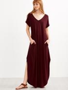 Shein Burgundy Curved Hem Slit Maxi Tee Dress
