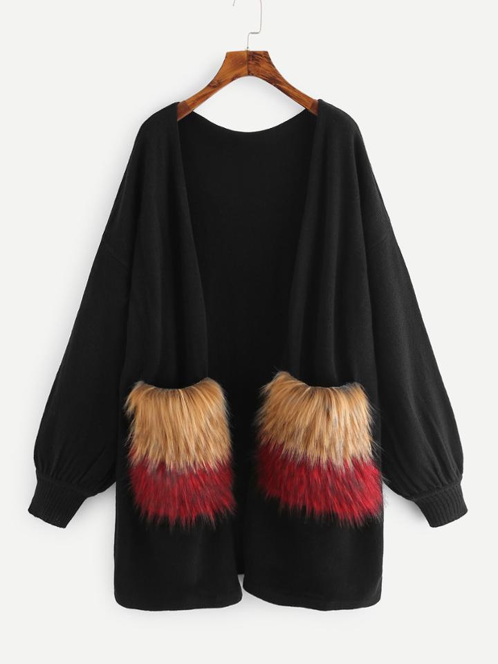 Shein Faux Fur Pocket Patched Lantern Sleeve Cardigan