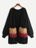Shein Faux Fur Pocket Patched Lantern Sleeve Cardigan