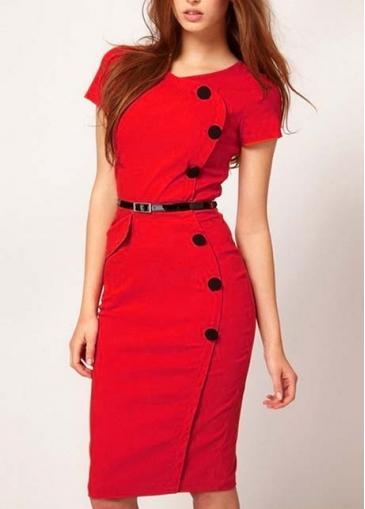 Rosewe Fashion Red Cotton Blend Button Decoration Short Sleeve Dress