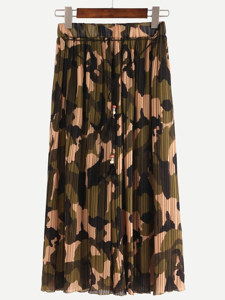 Shein Camouflage Pleated Chiffon Wide Leg Pants - Olive Green
