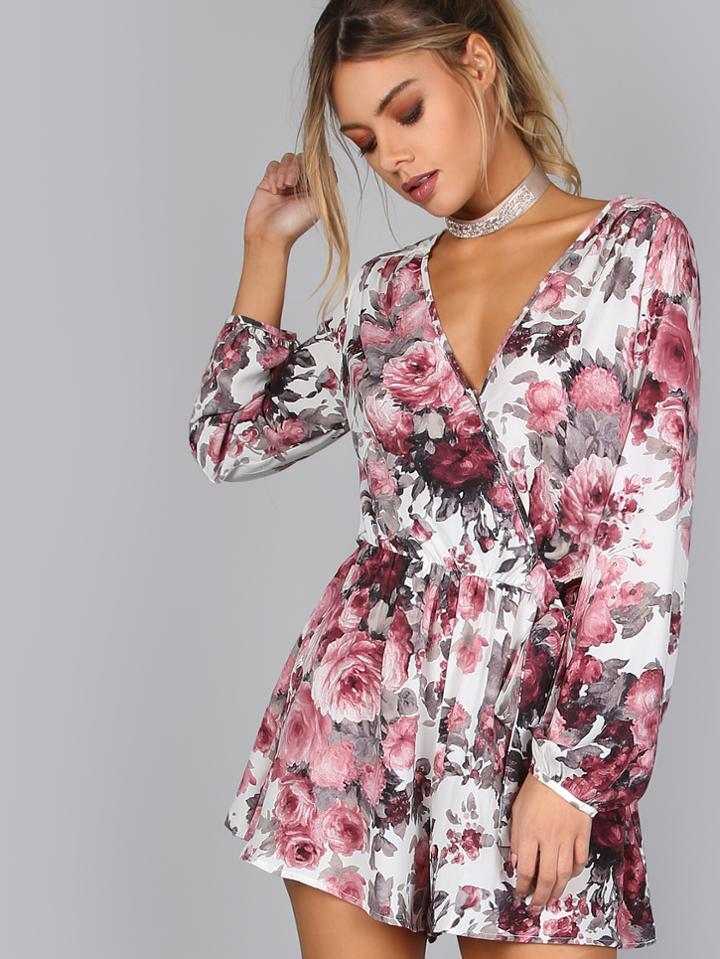 Shein Floral Elasticized Cuff Waist Tied Surplice Romper