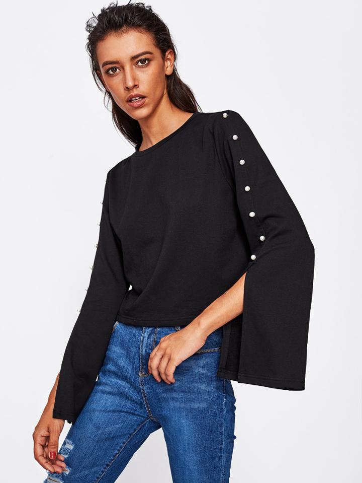 Shein Pearl Beading Slit Sleeve Top