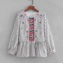 Shein Striped Embroidery Pom Pom Detail Blouse