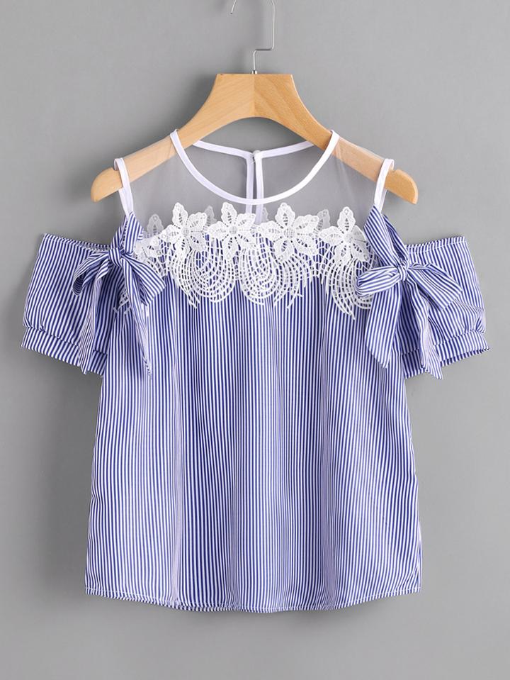 Shein Vertical Pinstripe Contrast Lace Bow Tie Top