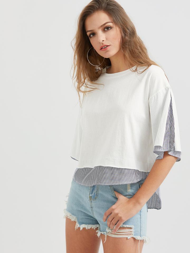 Shein White Contrast Striped High Low 2 In 1 T-shirt