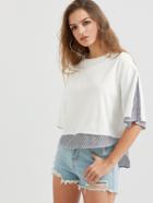 Shein White Contrast Striped High Low 2 In 1 T-shirt