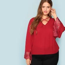 Shein Plus Lace Insert Crisscross V Neck Top