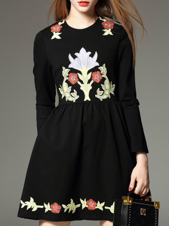 Shein Black Hibiscus Embroidered Pockets A-line Dress