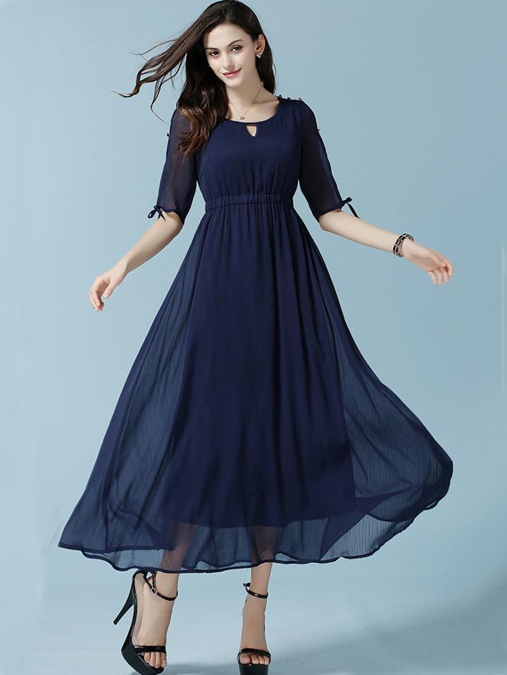 Shein Navy Coctel Open Shoulder Keyhole Chiffon Dress