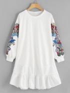 Shein Embroidered Applique Frill Hem Sweatshirt Dress