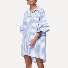 Shein Fluted Sleeve Striped Dip Hem Dress