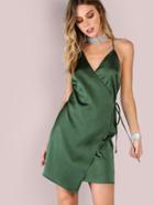 Shein Crisscross Low Back Satin Wrap Dress Emerald