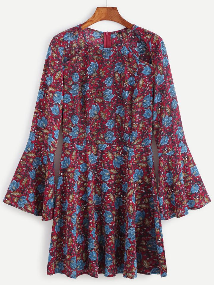 Shein Florals Cut Out Front Bell Sleeve Dress